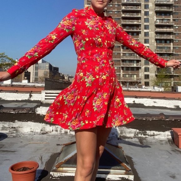 & OTHER STORIES Pleated Long Sleeve Shirt Dress Floral Red - Picture 1 of 9